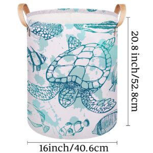 Large Laundry Hamper Basket Sea Turtle Ocean Theme Round Collapsible Storage Organizer Bin for Kids, Boys, Nursery, Closet, Bedroom, Playroom, Toys, Dirty Clothes, 16"W x 20"H