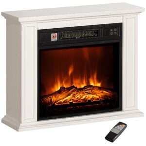 homcom 26" electric fireplace with mantel surround, 1400w replaceable fireplace insert heater with realistic log and flame effect, remote, freestanding fireplace heater for living room, white