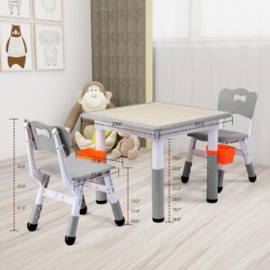 JOYMOR Height-Adjustable Kids Table and 2 Chairs Set, Toddler Table and Chair Set for Kids 2-8 Suitable for Crafts and Study, 2 Pen Boxes, Graffiti Tabletop, Anti-Slip Chair Legs (Light Grey)