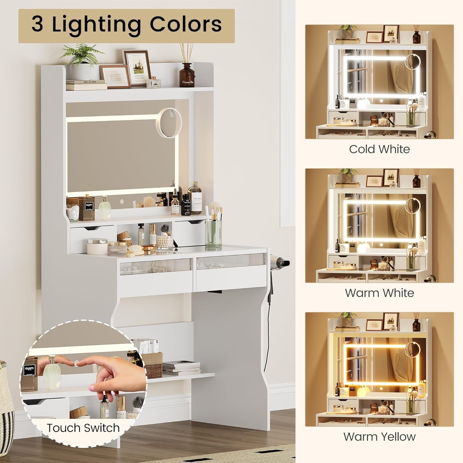 coucheta Vanity Desk with LED Lighted Mirror & Power Outlet, Makeup Vanity with 4 Drawers Lots Storage, 3 Lighting Modes Adjustable Brightness, Dressing Table for Bedroom Dressing Room