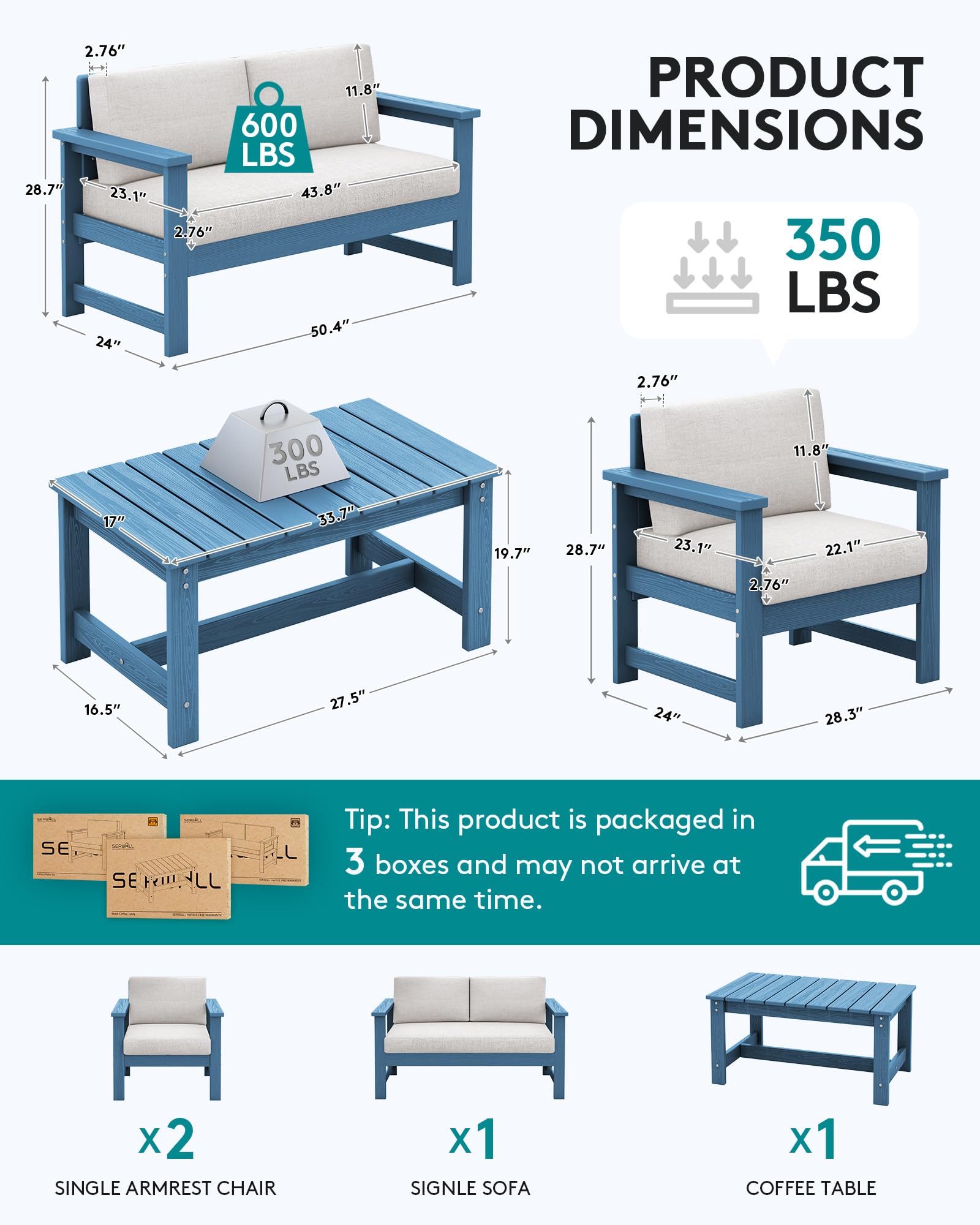 SERWALL 4 Pieces HDPE Outdoor Conversation Sofa Set with Cushions, Blue Frame and Khaki Cushion