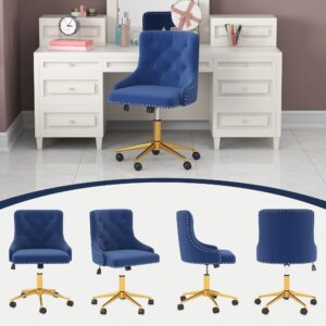 Westice Home Office Desk Chairs, Upholstered Velvet Swivel Desk Chair with Tufted Back, Gold Metal Base & Wheels, Height Adjustable Vanity Makeup Chair for Bedroom Living Room, Blue