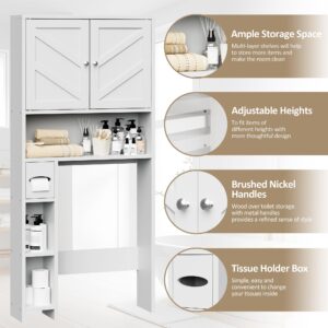 Meilocar Over The Toilet Storage Cabinet, Farmhouse Storage Cabinet Over Toilet with Toilet Paper Holder Stand, Freestanding Bathroom Storage Organizer Cabinet Space Saver W/Adjustable Shelf, White