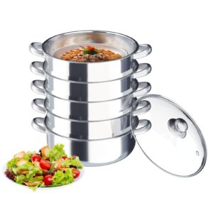 5-tier steamer pot for cooking 11.8in/30cm steamer pot,stainless steel steam pot cookware with glass lid for dumpling, stock, sauce, food (silver, 12 in)