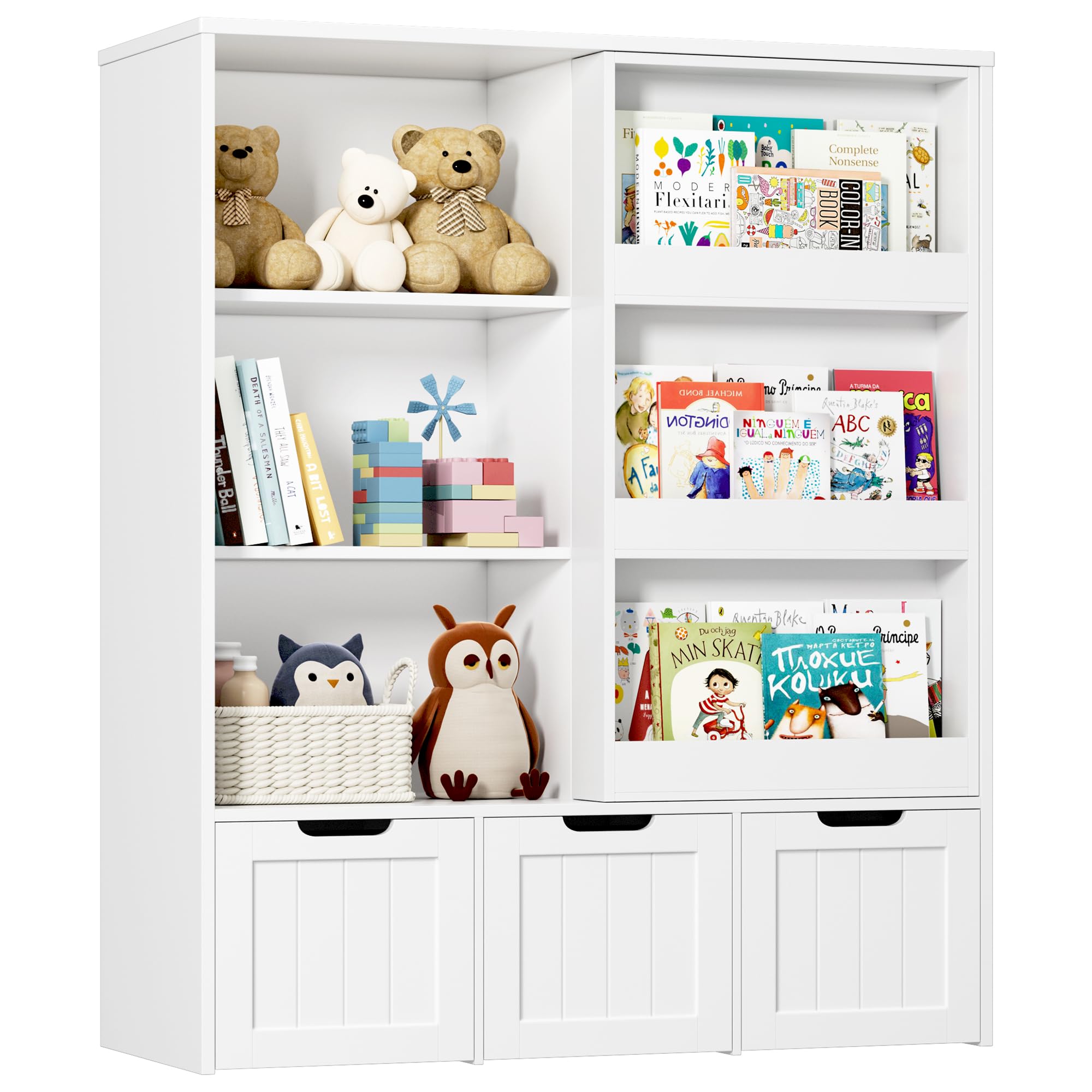 FOTOSOK Toy Storage Organizer with Sliding Book Shelf, Toy Organizers and Storage with 3 Movable Drawers and 6 Storage Cubbies, Playroom Organization and Storage Kids Bookshelf for Playroom, Bedroom