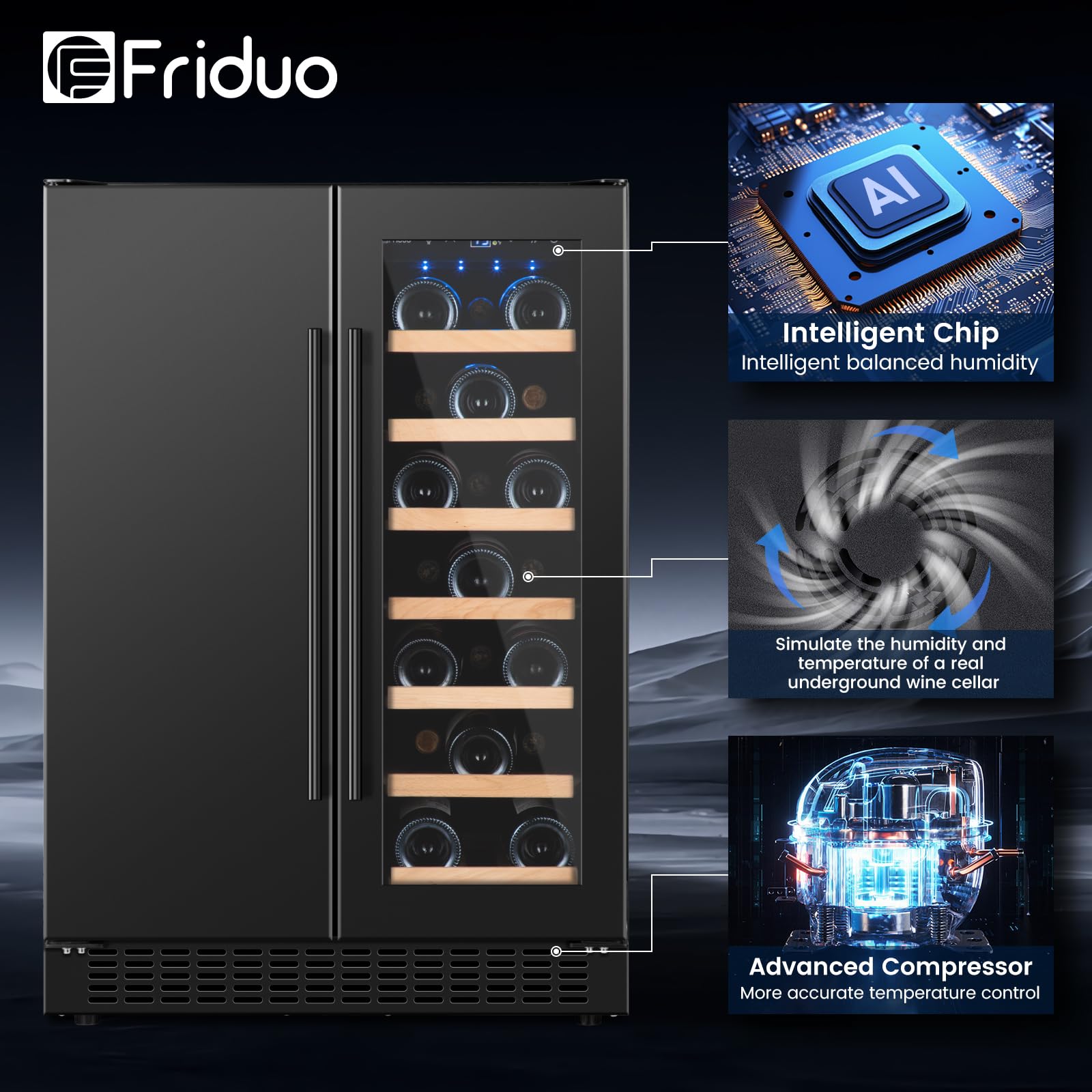 Friduo Wine and Beverage Refrigerator, 24inch Dual Zone Wine Cooler, 20Bottles 88Cans Undercounter Black Beverage Fridge for Bar Office Kitchen Drink Chiller