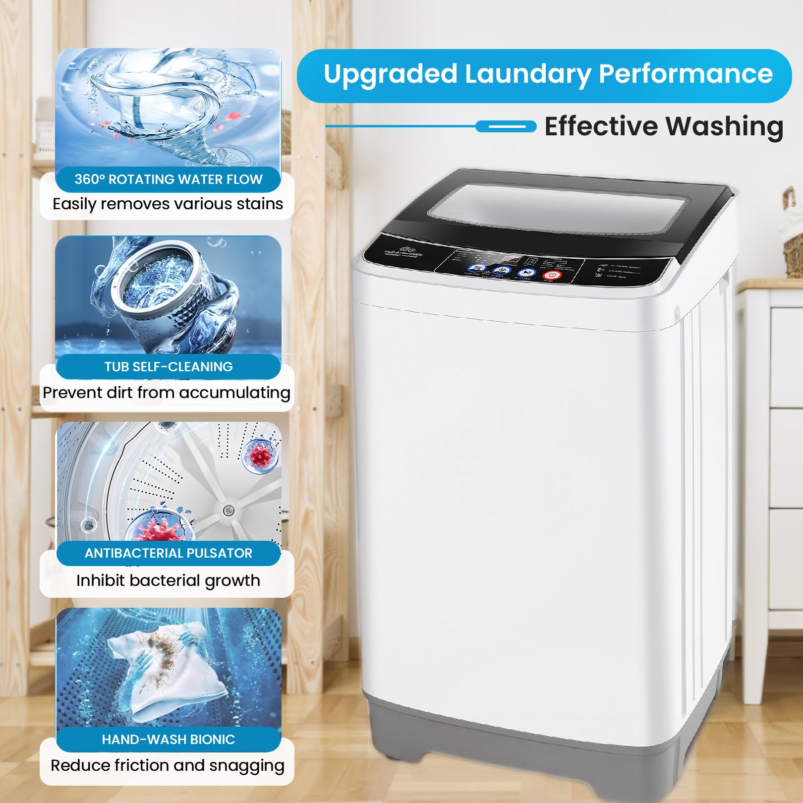 Nictemaw Portable Washing Machine, 17.8Lbs Full Automatic Washing Machine, 2.4 Cu.ft Compact Portable Washer with 10 Programs, 8 Water Levels, Glass Top Lid, Drain Pump, Ideal for Apartment, Home, RVs