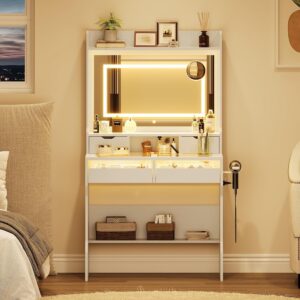 coucheta Vanity Desk with LED Lighted Mirror & Power Outlet, Makeup Vanity with 4 Drawers Lots Storage, 3 Lighting Modes Adjustable Brightness, Dressing Table for Bedroom Dressing Room