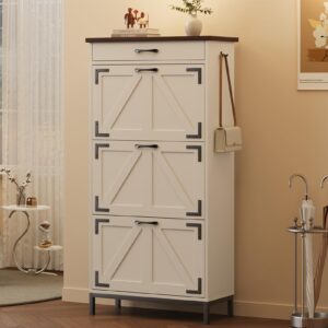 Shoe Cabinet Storage for Entryway Hidden Shoes Storage Cabinet with 3 Flip Drawers, Farmhouse Narrow Shoe Rack Cabinet Slim Free Standing Shoe Organizer Cabinet for Door Entry, Foyer, Hallway, White