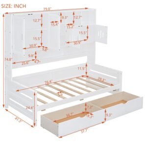 Merax Twin Size Wooden Daybed with 2 Drawers & Bookcase Headboard, and All-in-One Storage Cabinet and Shelf, White