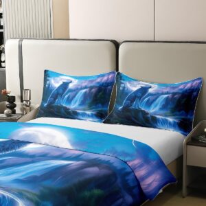 Feelyou Wolf Bedding Set King Size Wolves Howling Comforter Cover Set Animal Wolves 100% Cotton Duvet Cover Mountain Moon Wolf Bedspread Cover Room Black Blue Decor Quilt Cover，No Comforter