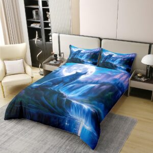 Feelyou Wolf Bedding Set King Size Wolves Howling Comforter Cover Set Animal Wolves 100% Cotton Duvet Cover Mountain Moon Wolf Bedspread Cover Room Black Blue Decor Quilt Cover，No Comforter