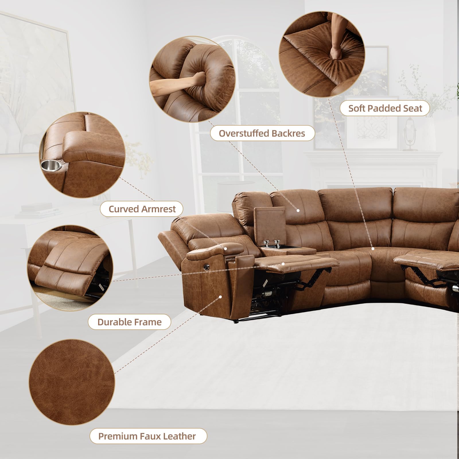 EBELLO Faux Leather Power Reclining Sectional Couches for Living Room, Recliner Sofa Set Corner Sectional Couch Home Furniture Set, with Storage Console and Hidden Cup Holders, USB Port, Brown