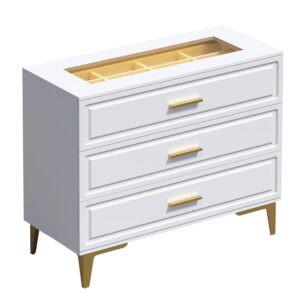 glaubio dresser for bedroom,jewelry organizer with glass top,3 drawer dresser organizer drawer cabinet,small dresser gold metal legs, white