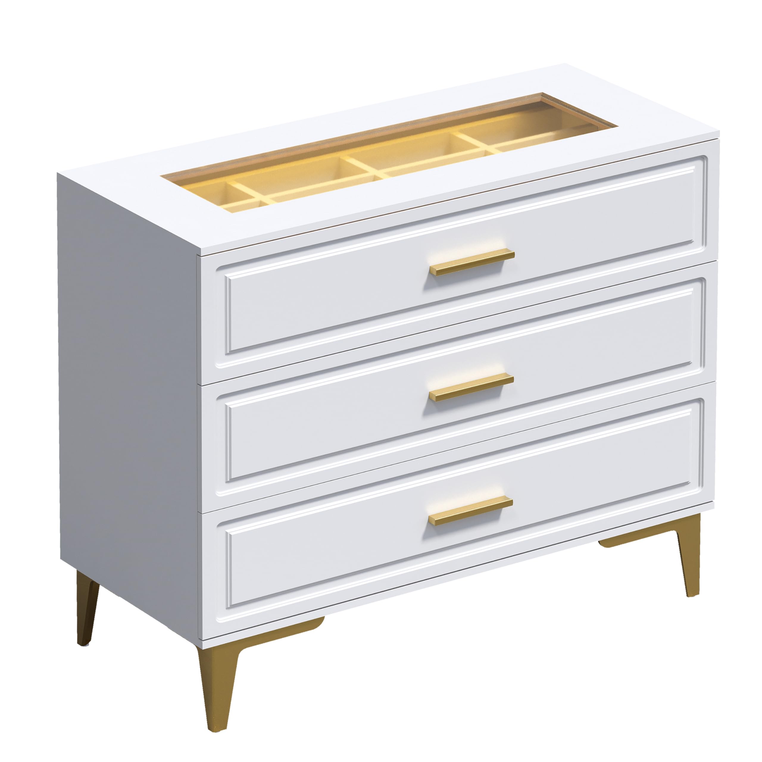 GLAUBIO Dresser for Bedroom,Jewelry Organizer with Glass Top,3 Drawer Dresser Organizer Drawer Cabinet,Small Dresser Gold Metal Legs, White