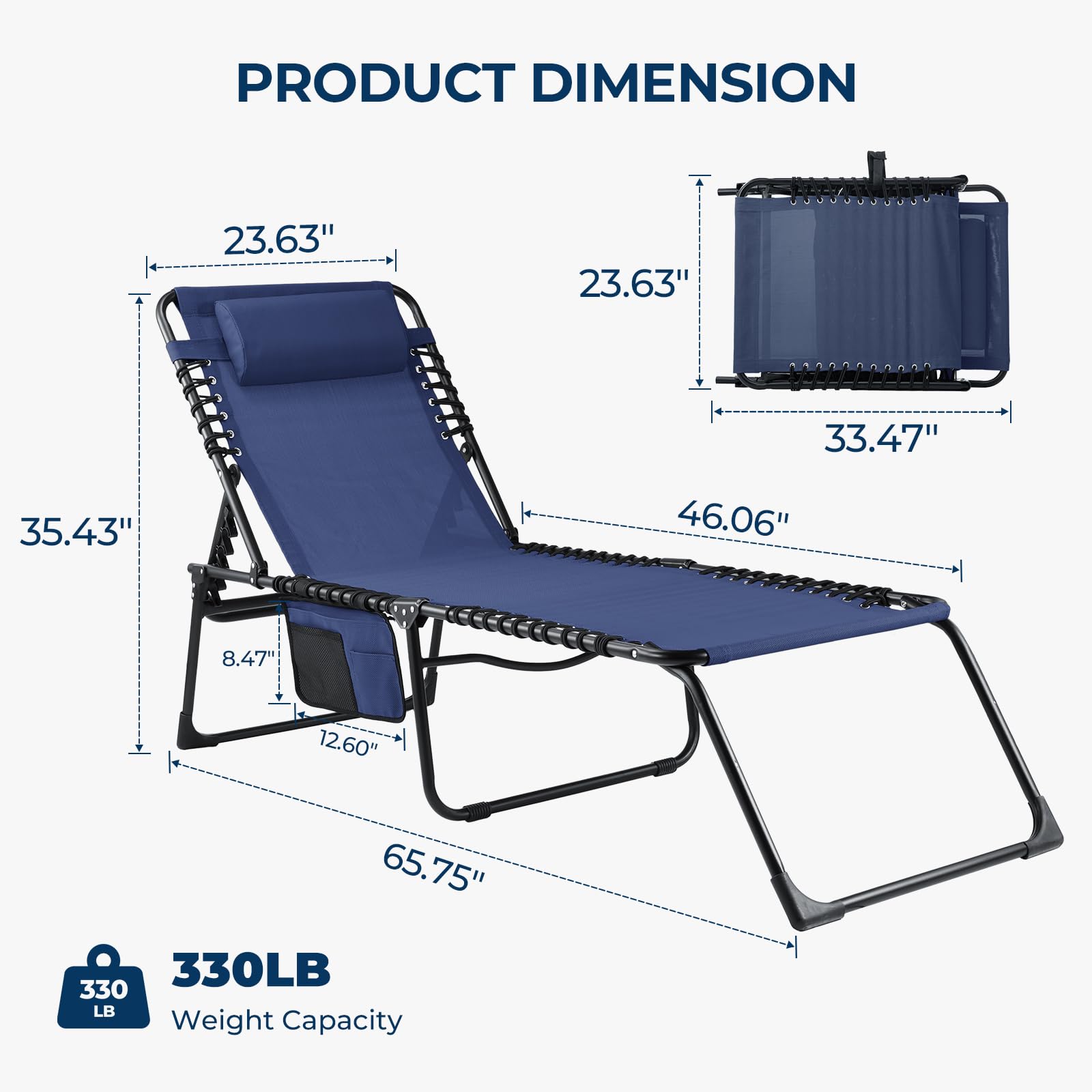 HOMSHADE Folding Outdoor Chaise Lounge Chair - Beach Tanning Lounger with 5-Level Adjustable Backrest, 2-Level Footrest, Removable Pillow, Side Pocket, 330lb Weight Capacity for Poolside, Lawn, Blue