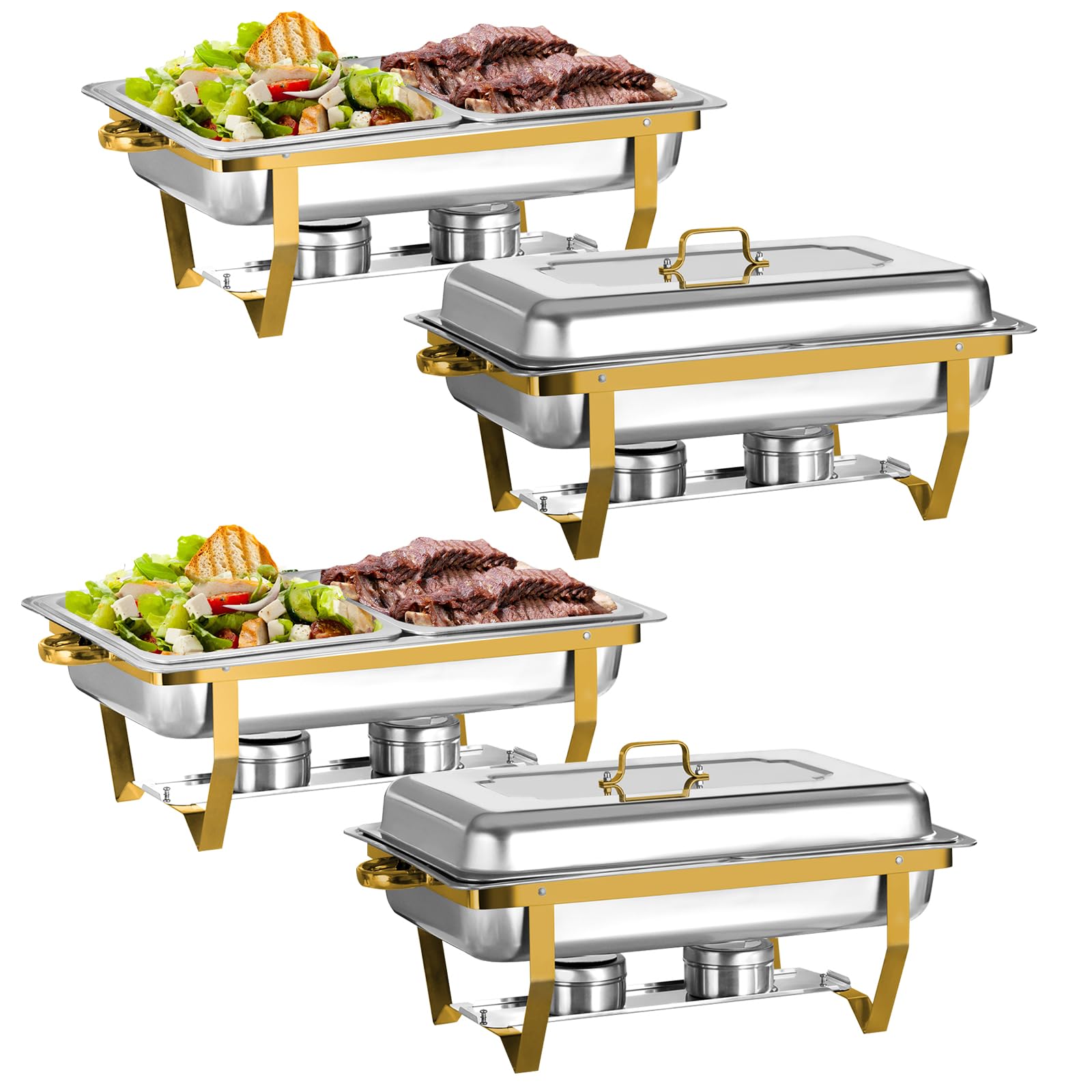 Jwevvie Chafing Dishes for Buffet 4 Pack, 8QT Gold Stainless Steel Half Size Chafing Dish Buffet Set, Chafers and Buffet Warmers Sets for Birthday, Wedding, Rolled-Edge Design