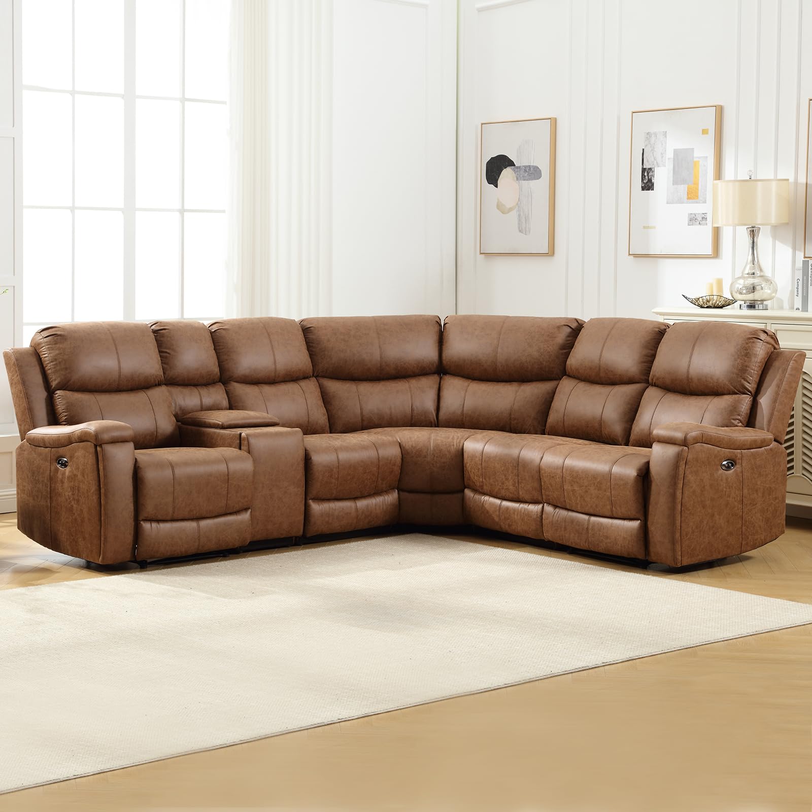 EBELLO Faux Leather Power Reclining Sectional Couches for Living Room, Recliner Sofa Set Corner Sectional Couch Home Furniture Set, with Storage Console and Hidden Cup Holders, USB Port, Brown