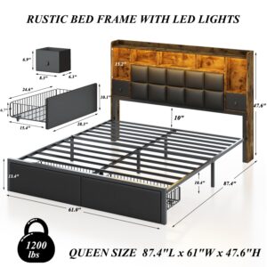 TIGUBFRE LED Bed Frame Queen Size with 2 Hidden Storage Drawers & Bookcase, PU Leather Headboard, Upholstered Platform Bed with Charging Station, Metal Slats Support, Noise Free, No Box Spring Needed