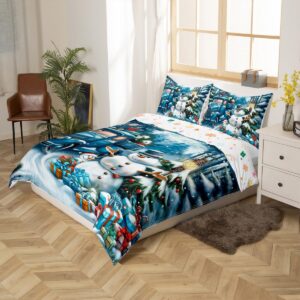 Manfei Christmas Duvet Cover,Snowy Trailer Truck Xmas Gifts Quilt Cover(No Filler),Winter Snowman Pine Trees Romantic Blue White Bedding Set with 2 Pillowcases,Teens Room Decor,Queen Size