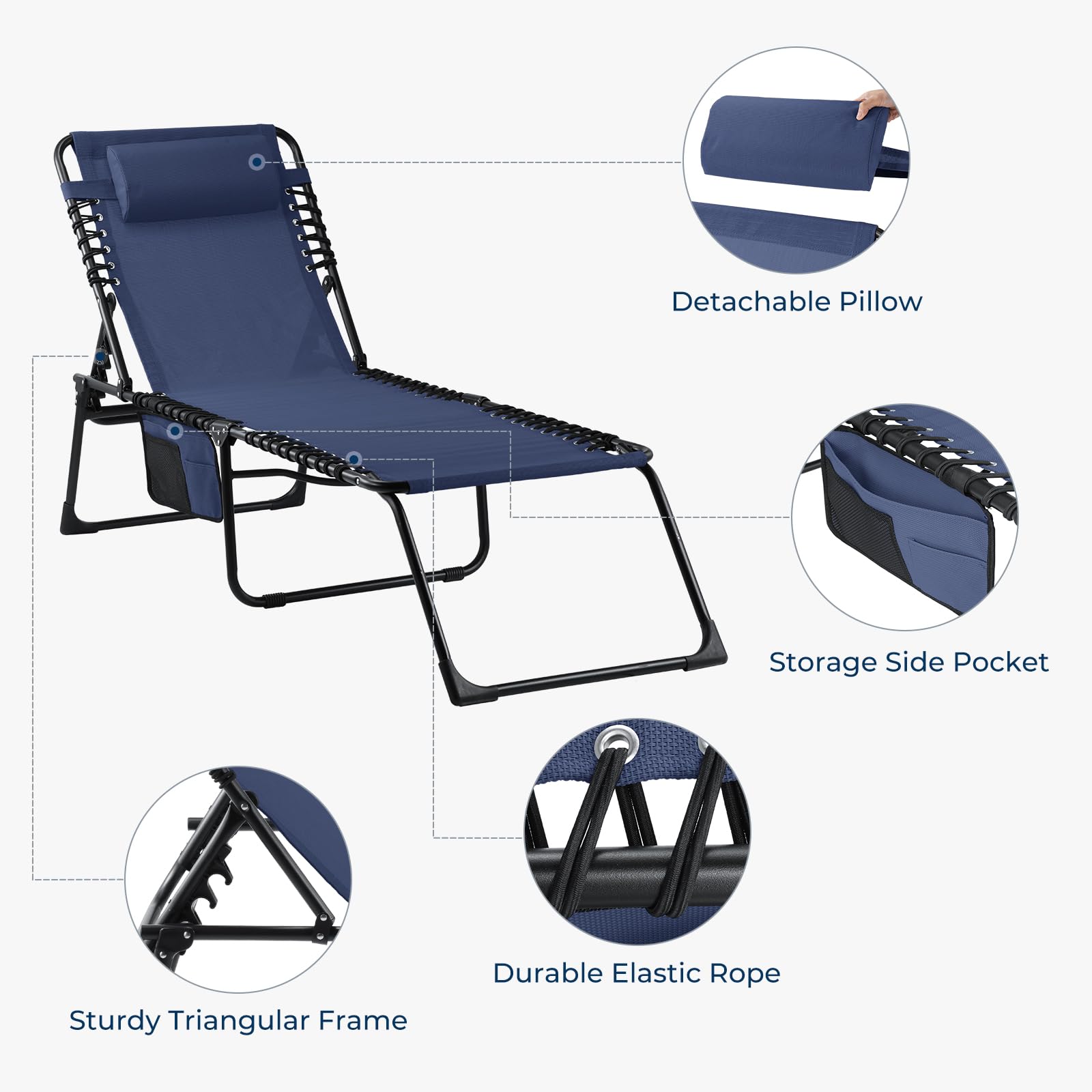 HOMSHADE Folding Outdoor Chaise Lounge Chair - Beach Tanning Lounger with 5-Level Adjustable Backrest, 2-Level Footrest, Removable Pillow, Side Pocket, 330lb Weight Capacity for Poolside, Lawn, Blue