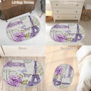 Kuquteed Purple Flowers Romantic Paris Oval Door Mat, Absorbent Floor Mats, Non-Slip Entryway Area Rugs, Soft Oval Floor Carpet for Bathroom Kitchen Bedroom Decor