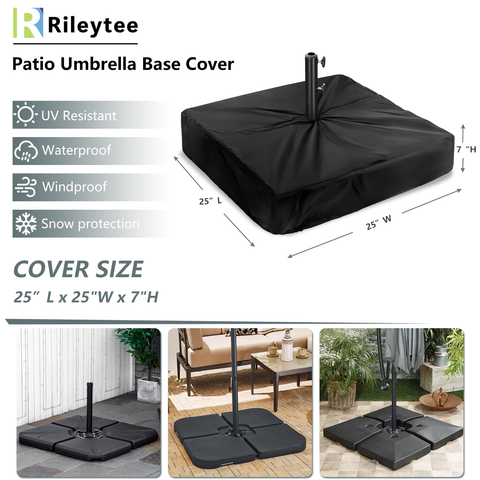 Rileytee Patio Umbrella Base Cover,Outdoor Heavy Duty 600D Waterproof Anti-UV Square Umbrella Stand Base Cover,Black,Cover Only (25"L x 25"W x 7"H)