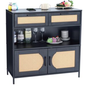 lidyuk sideboard buffet cabinet with charging station, kitchen storage cabinet with rattan doors, cupboard console table sideboard cabinet for dining room hallway, black