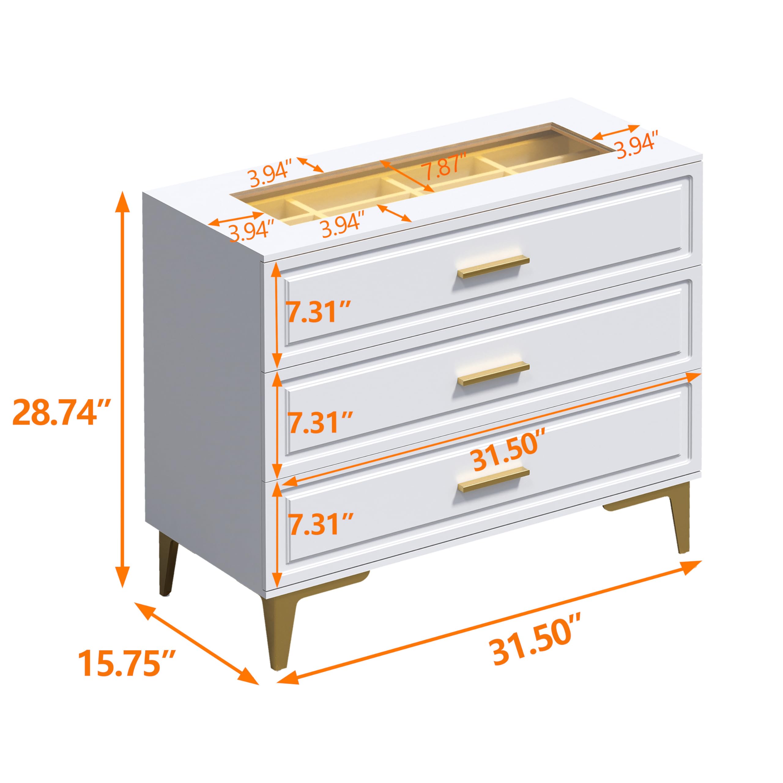 GLAUBIO Dresser for Bedroom,Jewelry Organizer with Glass Top,3 Drawer Dresser Organizer Drawer Cabinet,Small Dresser Gold Metal Legs, White