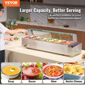 VEVOR 6-Pan Commercial Food Warmer, 6 x 8QT Electric Steam Table with Glass Cover, 1500W Countertop Stainless Steel Buffet Bain Marie 86-185°F Temp Control for Catering, Restaurants, Silver