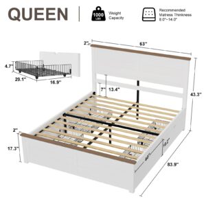 LUXOAK Queen Size Farmhouse Bed Frame with Headboard and 4 Sliding Drawers, Wooden Barn Door Panel Platform Bed with Wood Slats, Heavy Duty Mattress Foundation, Non-Slip & Noise-Free, Antique White