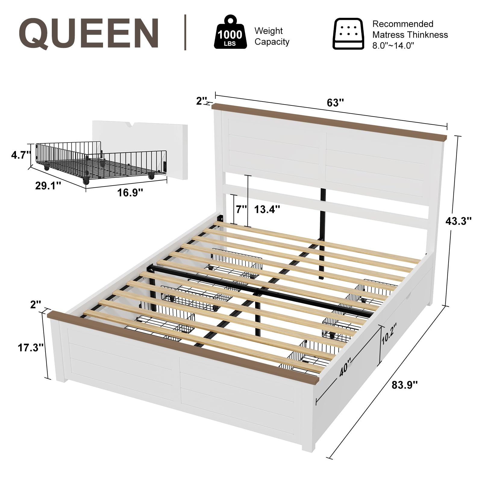 LUXOAK Queen Size Farmhouse Bed Frame with Headboard and 4 Sliding Drawers, Wooden Barn Door Panel Platform Bed with Wood Slats, Heavy Duty Mattress Foundation, Non-Slip & Noise-Free, Antique White