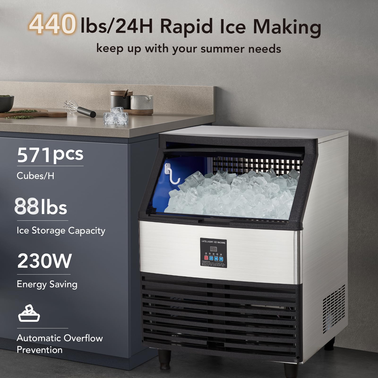 GarveeLife Stainless Steel Commercial Ice Maker Machine 440lbs/24H, Self-Cleaning Ice Machine Under-Counter with 88lbs Large Ice Storage Capacity (8 * 18 Ice Cubes per 15Min)