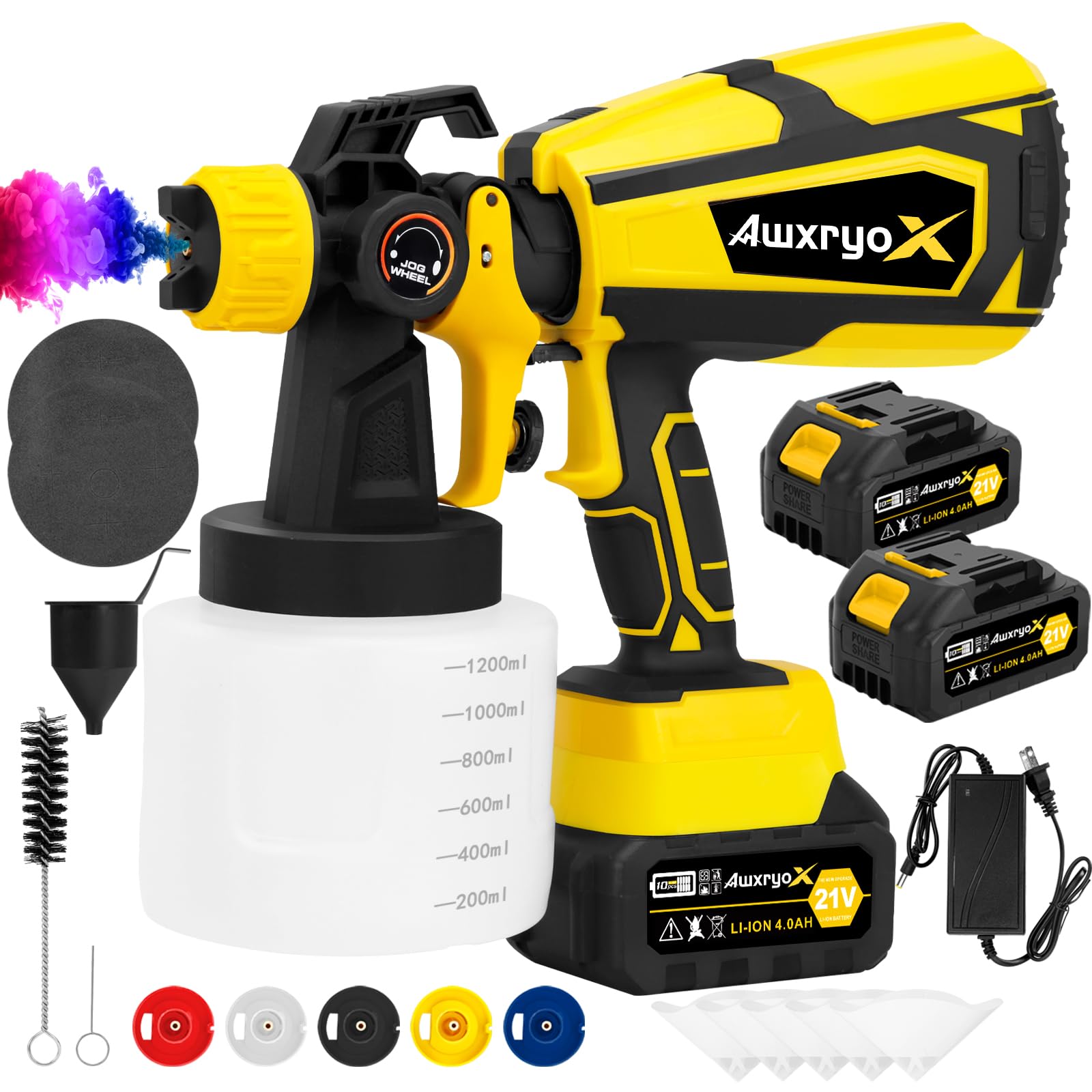 AwxryoX Upgrades Battery Paint Sprayer Cordless, Brushless Paint Gun with 2 x 4.0Ah Battery & 1200ml High Capacity 6 Nozzles, HVLP High Pressure Paint Gun for Furniture Cabinets Fence Wall Door Chairs