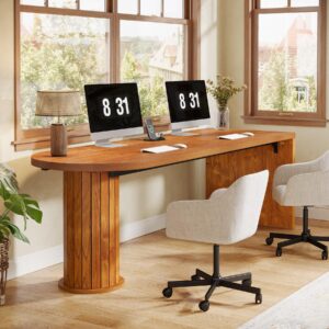 tribesigns 78.74-inch 2 persons double desk, extra long ellipse computer desk, wooden home office desk with cylindrical pedestal, industrial study writing table workstation business furniture