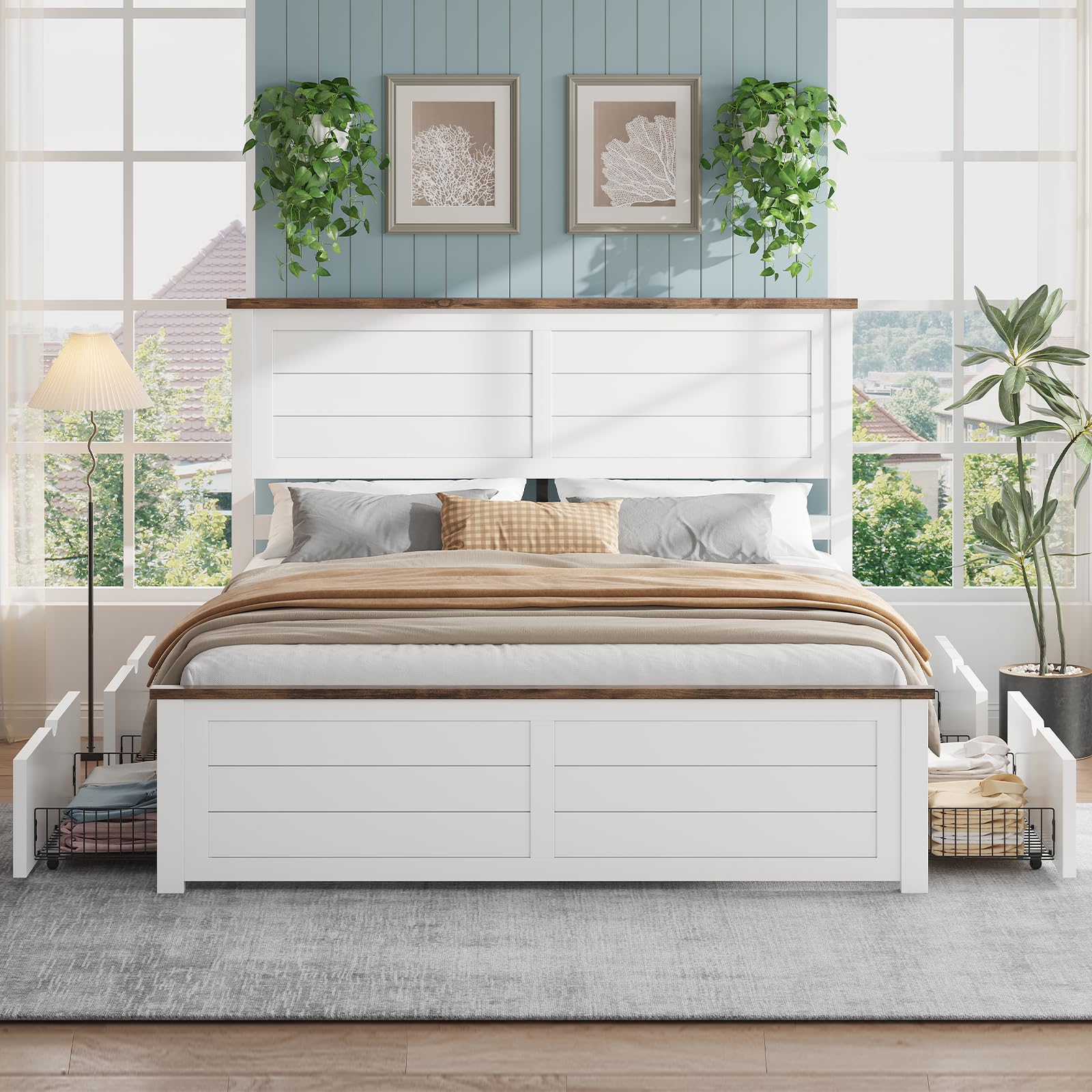 LUXOAK Queen Size Farmhouse Bed Frame with Headboard and 4 Sliding Drawers, Wooden Barn Door Panel Platform Bed with Wood Slats, Heavy Duty Mattress Foundation, Non-Slip & Noise-Free, Antique White