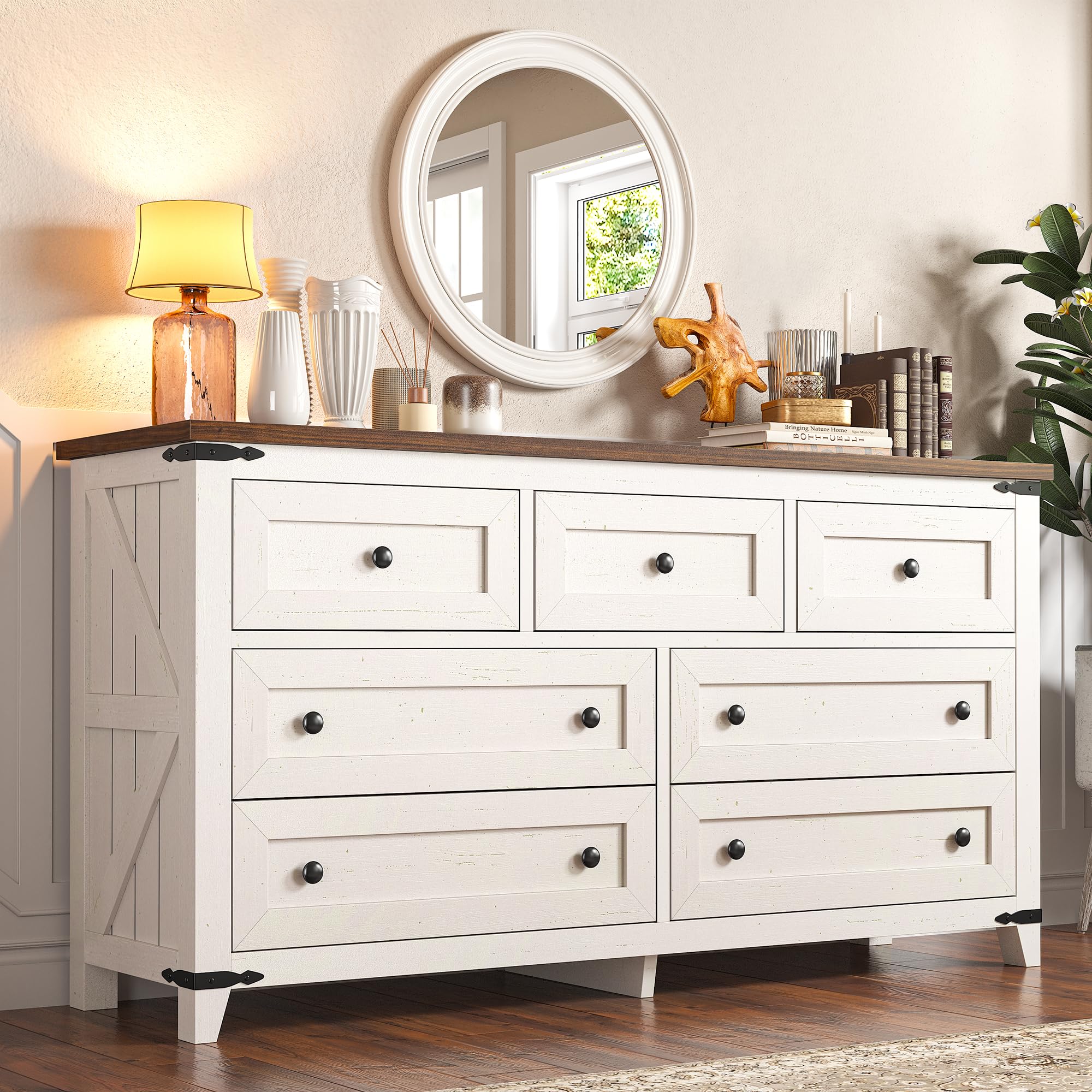 EnHomee Farmhouse 7 Drawers Dresser for Bedroom 51" Wide Wood Dressers & Chests of Drawers White Dresser with Natural Texture Bedroom Dresser TV Stand for Bedroom, Hallway, Closet, Antique White