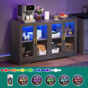 YITAHOME Coffee Bar Cabinet w/LED Light, 55'' Sideboard Buffet Cabinet with Storage with Adjustable Shelves, Storage Cabinet with 4 Doors for Kitchen, Living Room, Charcoal Grey