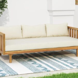 Merax Outdoor 3 Seater Daybed, Acacia Wood Day Bed Couch Sofa with Cushions for Patio Backyard, Garden, Beige