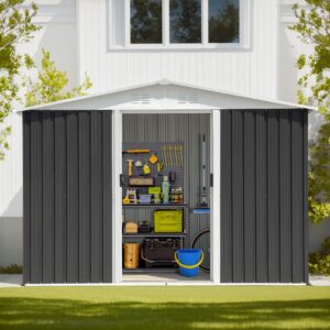 8x6 FT Outdoor Storage Shed, Metal Tool Sheds with Lockable Sliding Door & Air Vent, Garden Shed for Backyard Garden Patio Lawn, Dark Grey