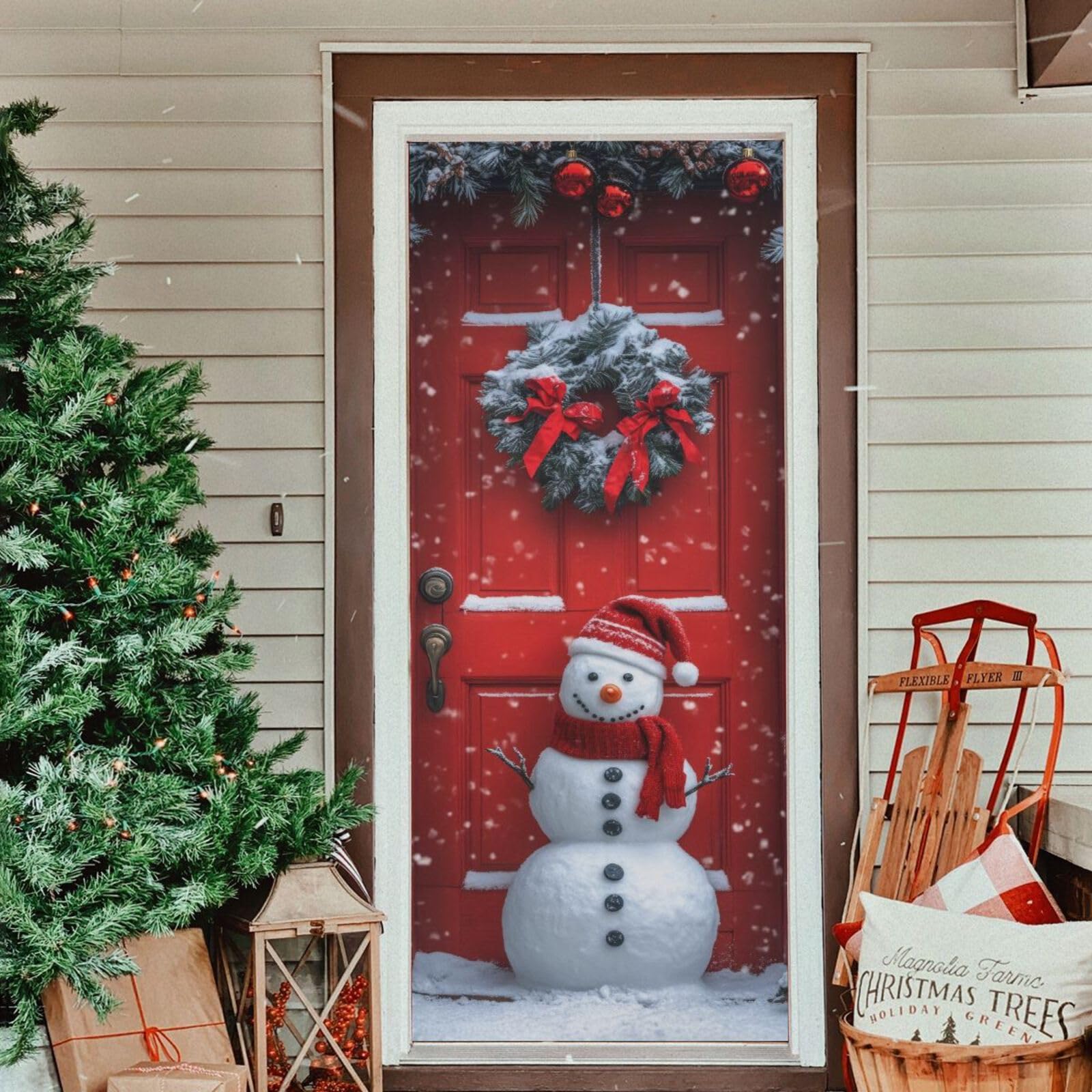 Burbuja Christmas Snowman Door Door Cover, Stretch Fabric Backdrop Door Porch Covers for Home Party Holidays Decoration, 35x79 In