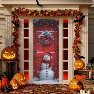 Burbuja Christmas Snowman Door Door Cover, Stretch Fabric Backdrop Door Porch Covers for Home Party Holidays Decoration, 35x79 In