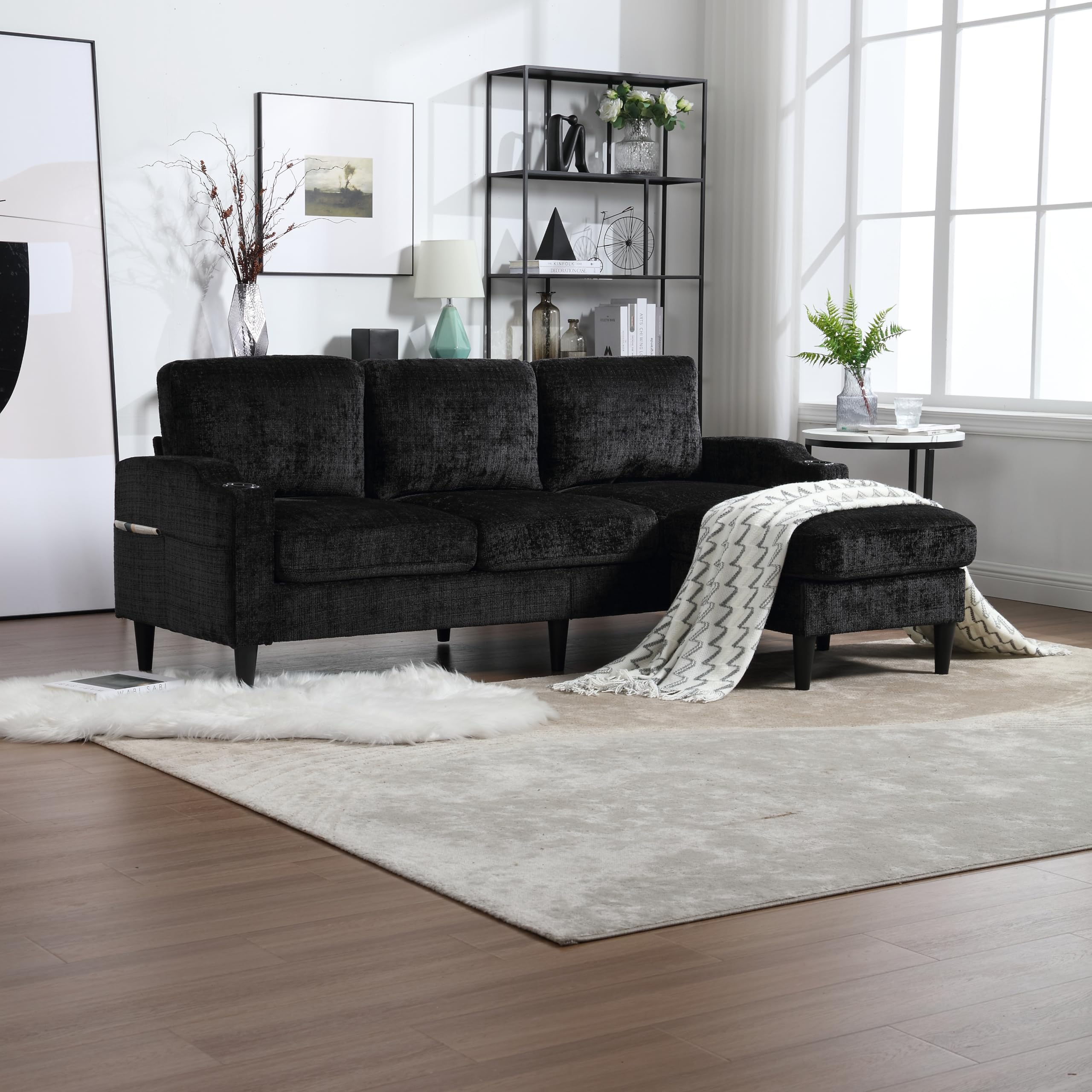 LIFEISLE Modern Upholstered Sectional Sofa with Storage Footrest,3 Seater L Shaped Couch with Side Pocket and Cupholder,Chenille Furniture Set for Living Room,Apartment,Office,Black