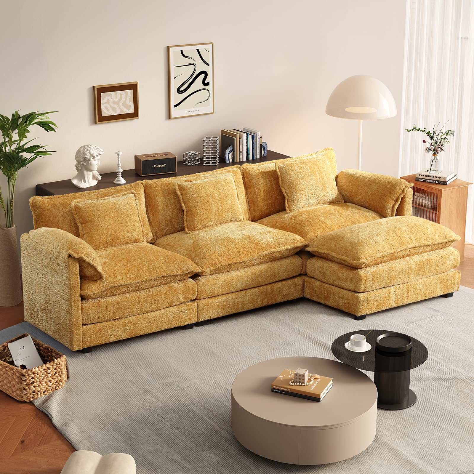 112" Sectional Couches for Living Room, L Shaped Modular Sofa Cloud Couch, Deep 3 Seater with Movable Ottoman, Modern Oversized Comfy Chenille Sofas for Apartment, Office, (Yellow)