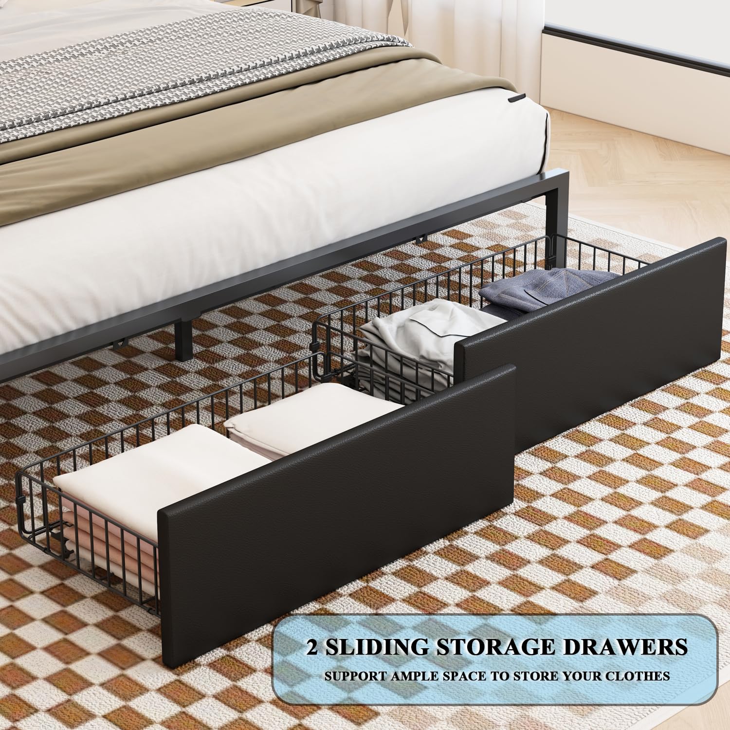 TIGUBFRE LED Bed Frame Queen Size with 2 Hidden Storage Drawers & Bookcase, PU Leather Headboard, Upholstered Platform Bed with Charging Station, Metal Slats Support, Noise Free, No Box Spring Needed