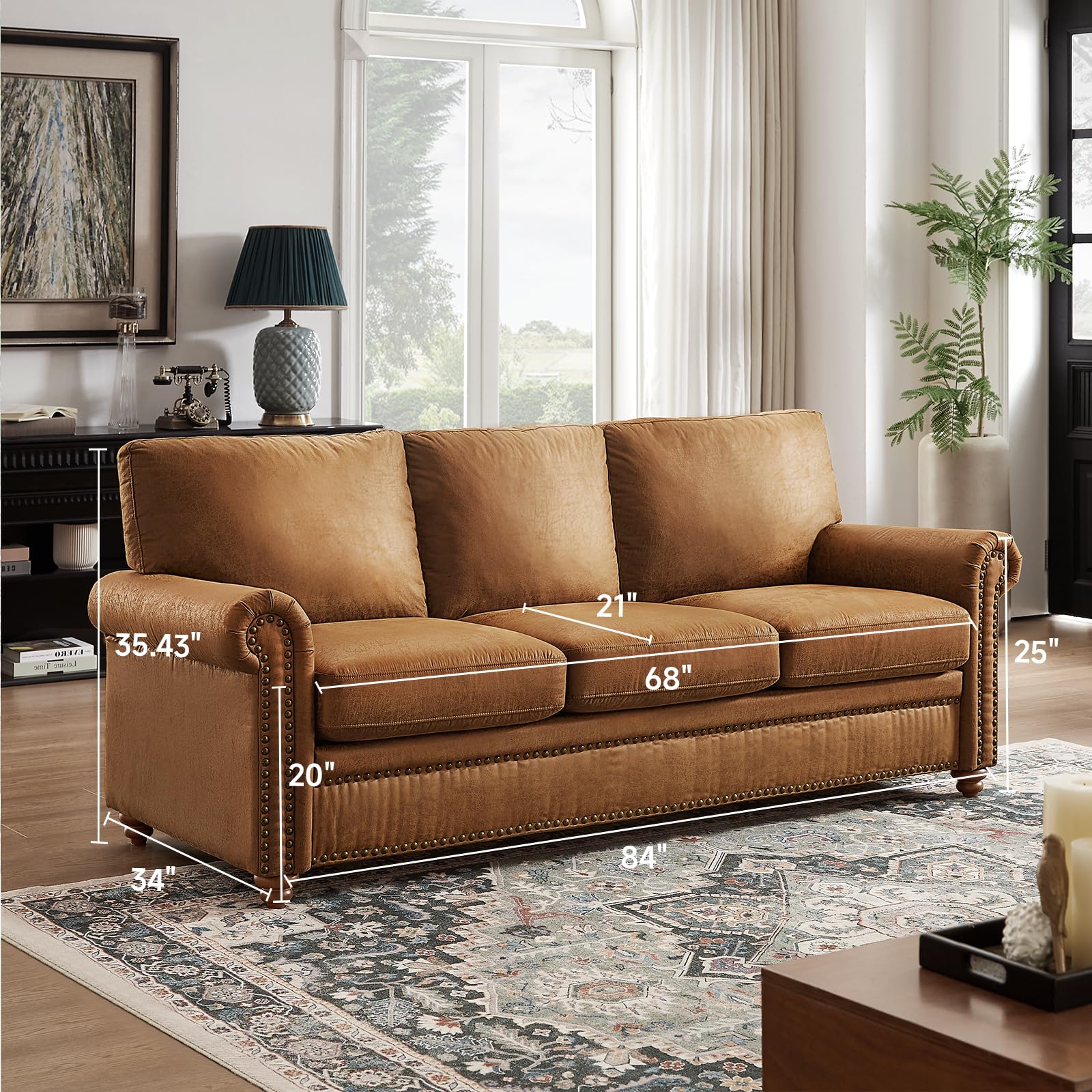 ONBRILL 84" Faux Leather Couch, Mid-Century Modern Couch w/Brass Nailhead Trim, 3 Seater Leather Sofa Couch w/Rolled Arm, Pocket Spring Cushions, Gourd Feet, Brown Couch Leather Sofas for Living Room