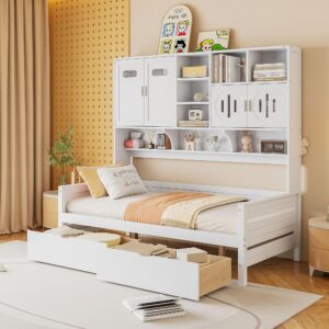 Merax Twin Size Wooden Daybed with 2 Drawers & Bookcase Headboard, and All-in-One Storage Cabinet and Shelf, White