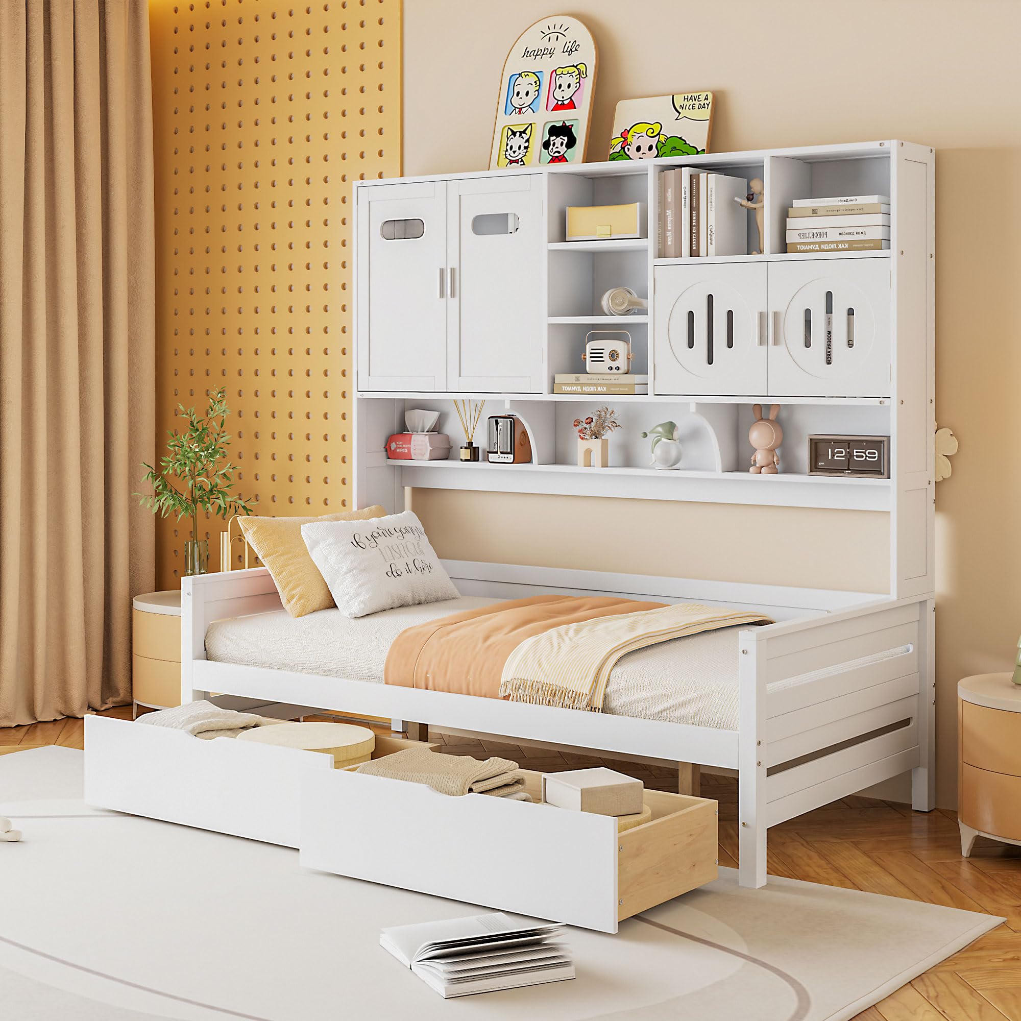 Merax Twin Size Wooden Daybed with 2 Drawers & Bookcase Headboard, and All-in-One Storage Cabinet and Shelf, White