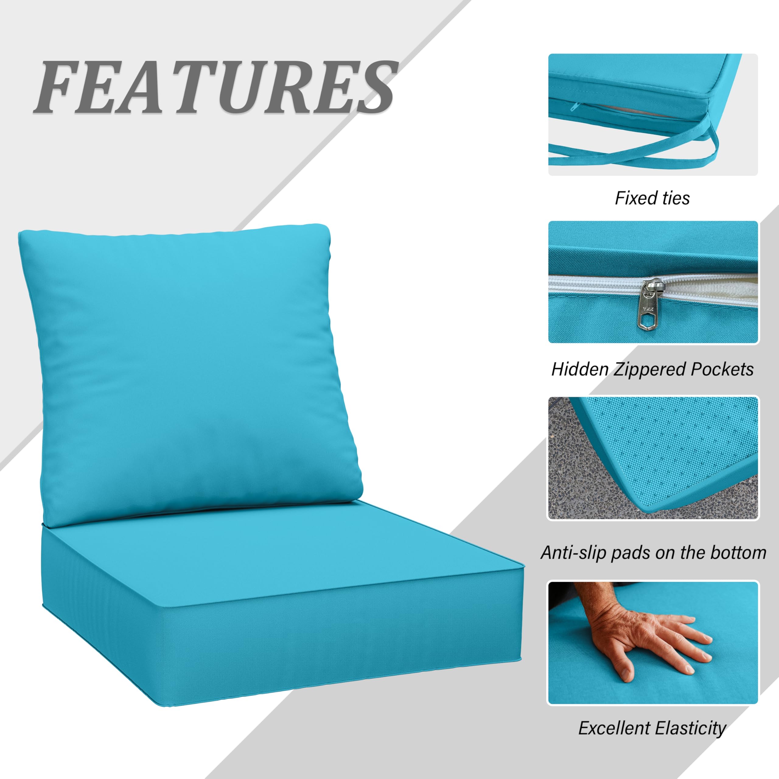 Pakunoda Outdoor Seat Cushion Set 24 x 24 x6.5 Inch Splash-Proof & Fade Resistant Patio Furniture Cushions with Removable Cover Deep Seat & Back Cushion with Straps for Chair Sofa Couch