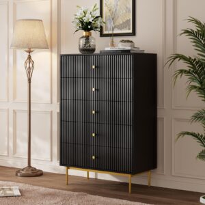 MAISONARIA 5 Drawer Dresser for Bedroom, Tall Dresser Chest of Drawers with Gold Handles, Wood Dresser Storage Cabinet for Bedroom, Black